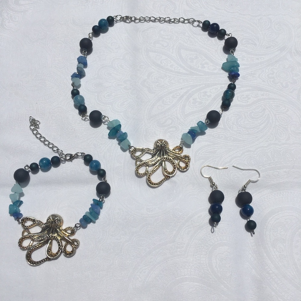 Octopus Charm Jewelry Set in Blue and Silver